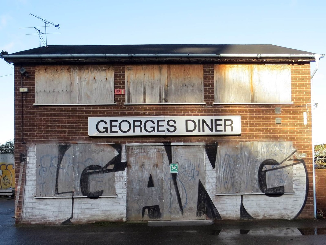 Georges Diner abandoned cafe on N Woolwich Road, E16 near the Royal Docks as seen on Paul Talling's guided walking tour of Derelict London