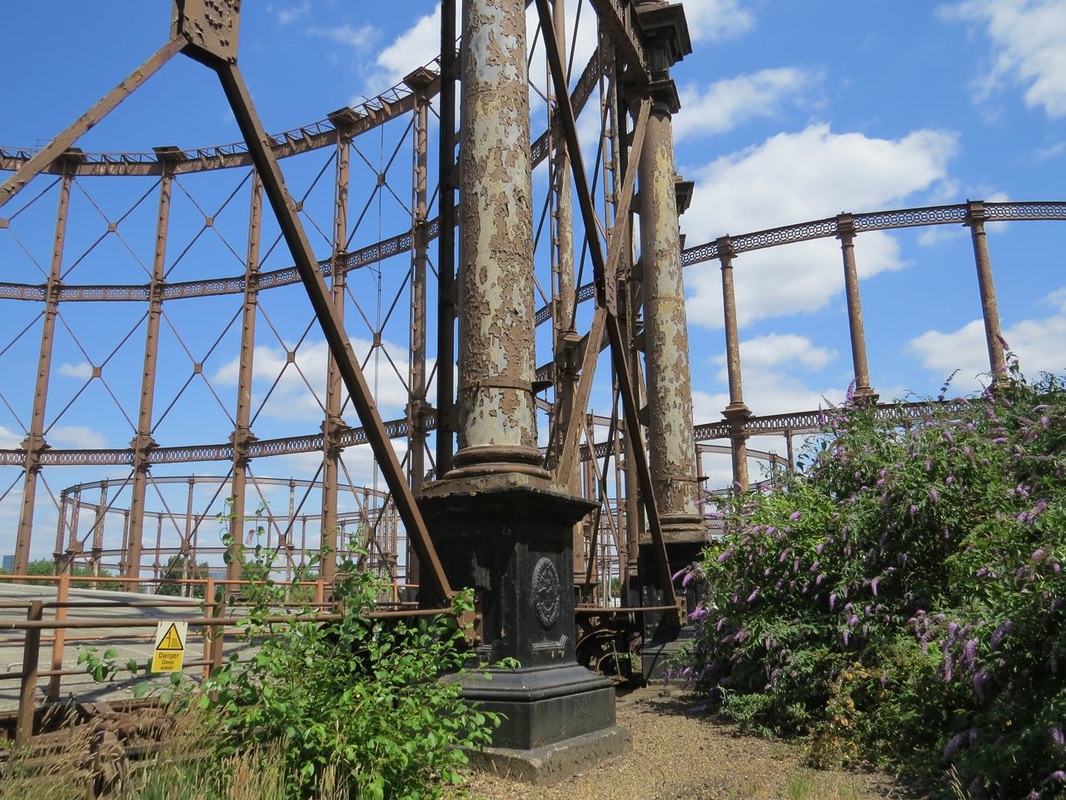 Picture of decaying gas holders at Bromley By Bow gas holders on Bow Creek walking tour with Paul Talling