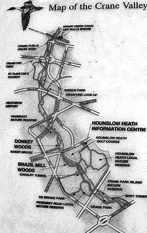 Map of the River Crane Valley in Middlesex from the Grand Union Canal in Hayes to the Thames at Isleworth