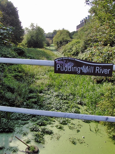 The Pudding Mill River a few years before the Olympic Stadium buried the river