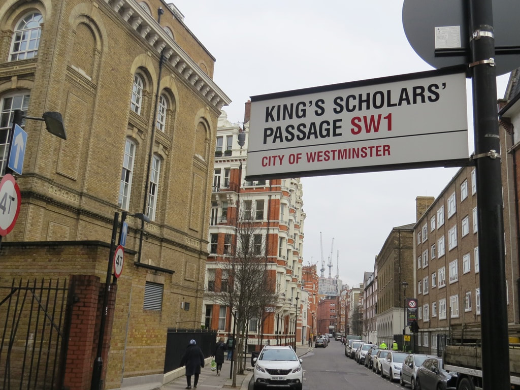King's Scholars Passage sign in Pimlico. The lane follows the route of the King's Scholars Pond sewer formerly known as the River Tyburn