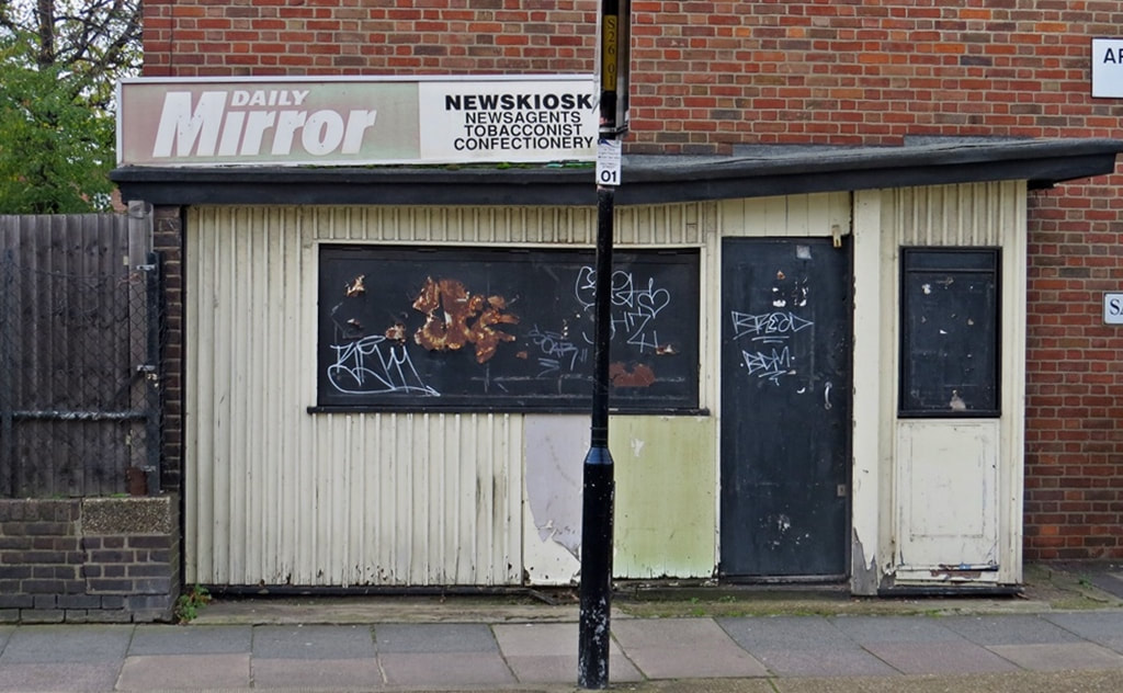 Closed down News Kiosk in Poplar East London on Paul Talling's Guided Walking Tour
